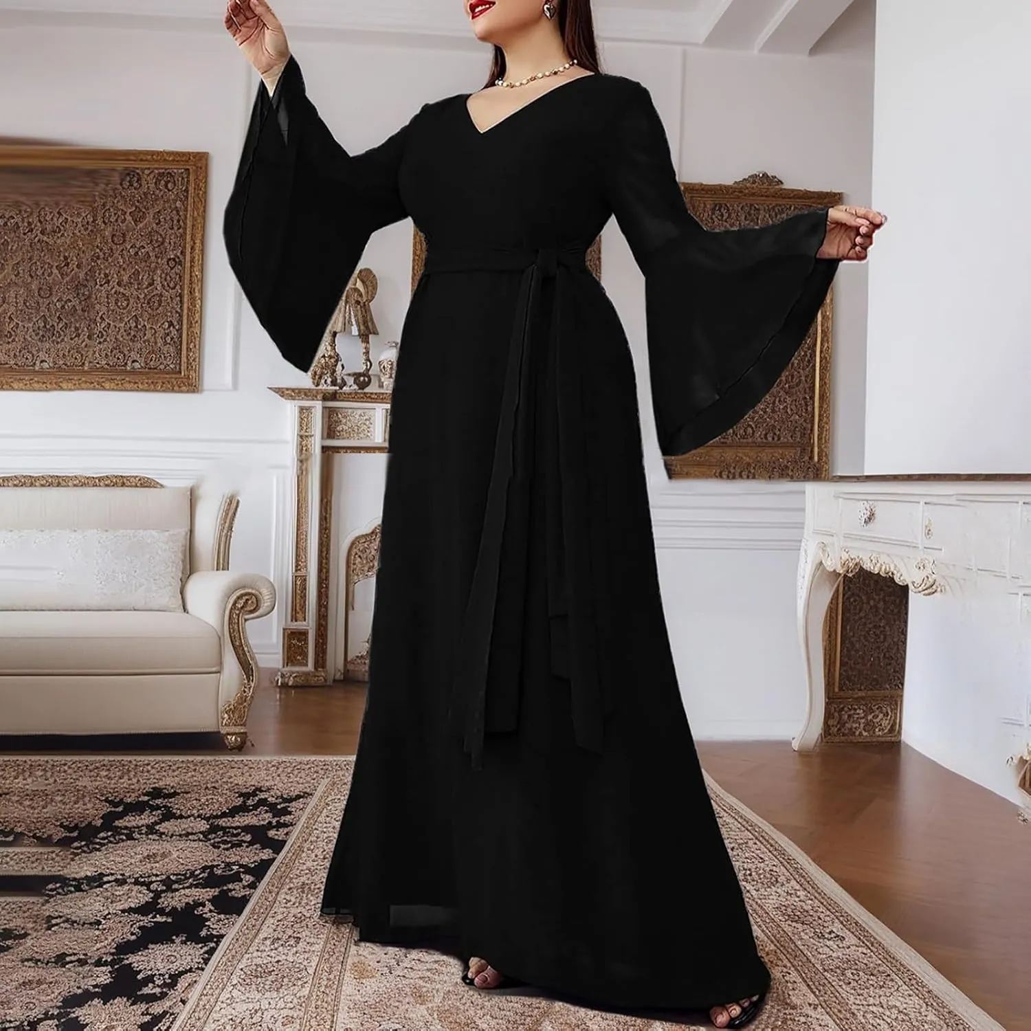 Ruziyoog Women's Plus Size Chiffon Cocktail Dress Casual Ruffle Sleeve Formal Evening Party Gown 2025 Wedding Guest Dress