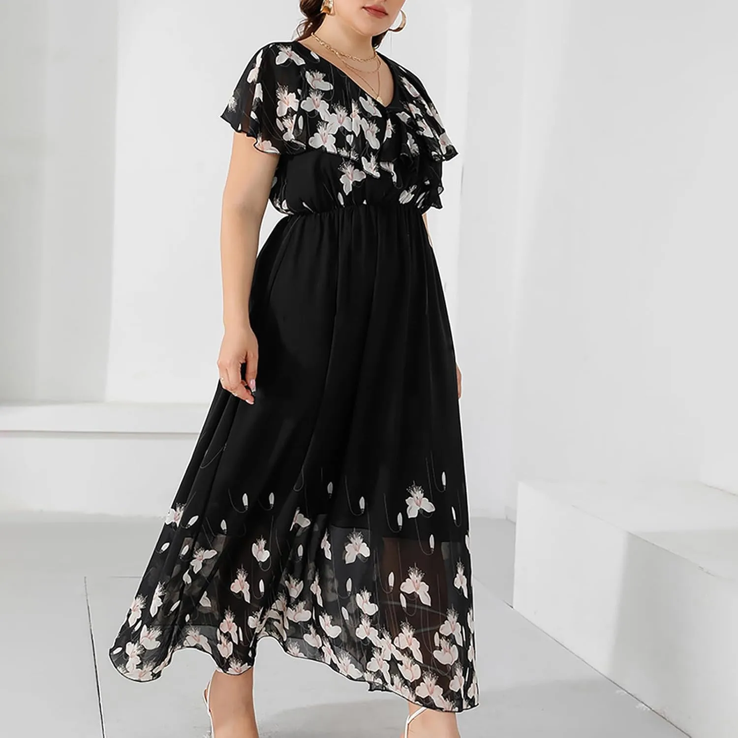 Ruziyoog Women's Plus Size Chiffon Cocktail Dress Casual Ruffle Sleeve Formal Evening Party Gown 2025 Wedding Guest Dress