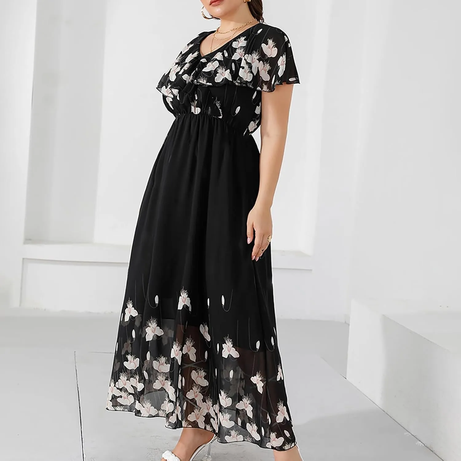 Ruziyoog Women's Plus Size Chiffon Cocktail Dress Casual Ruffle Sleeve Formal Evening Party Gown 2025 Wedding Guest Dress