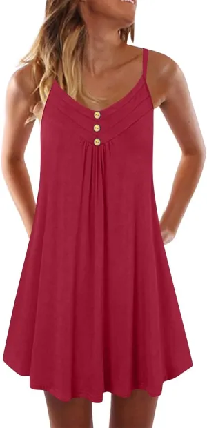 Ruziyoog Womens Plus Size Sundress Casual Summer Spaghetti Strap Cami Slip Mini Dress V Neck Backless A Line Swing Dress