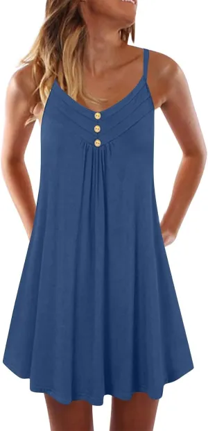 Ruziyoog Womens Plus Size Sundress Casual Summer Spaghetti Strap Cami Slip Mini Dress V Neck Backless A Line Swing Dress