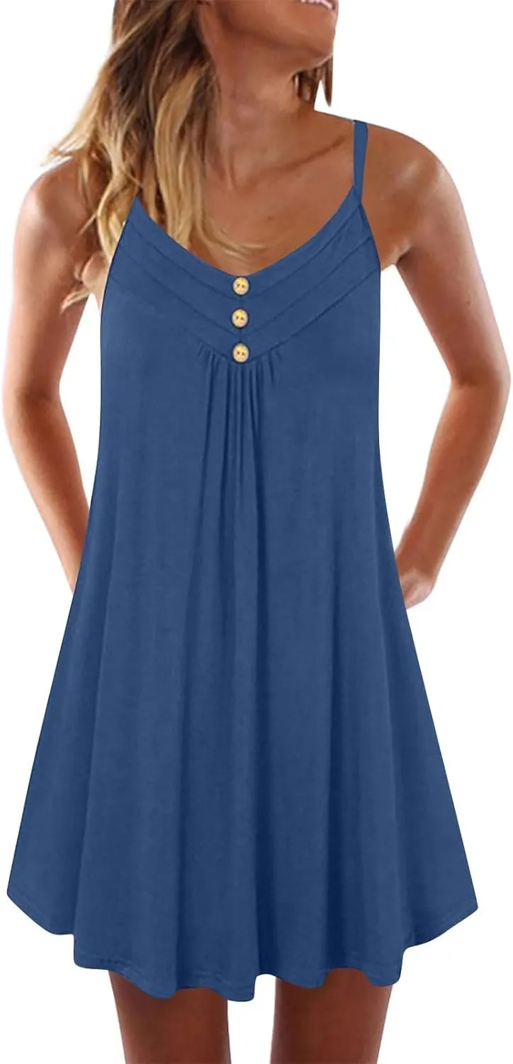 Ruziyoog Womens Plus Size Sundress Casual Summer Spaghetti Strap Cami Slip Mini Dress V Neck Backless A Line Swing Dress