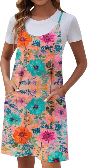 Ruziyoog Womens Summer Dresses Scoop Neck Sleeveless Spaghetti Strap Casual Swing Tank Beach Cover Up Sundress with Pockets