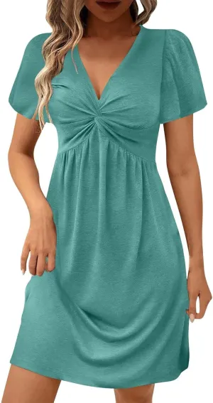 Ruziyoog Women's Twist Front V Neck Dress 2025 Fashion Short Sleeve Beach Sun Dress Summer Solid Color Casual A Line Dresses