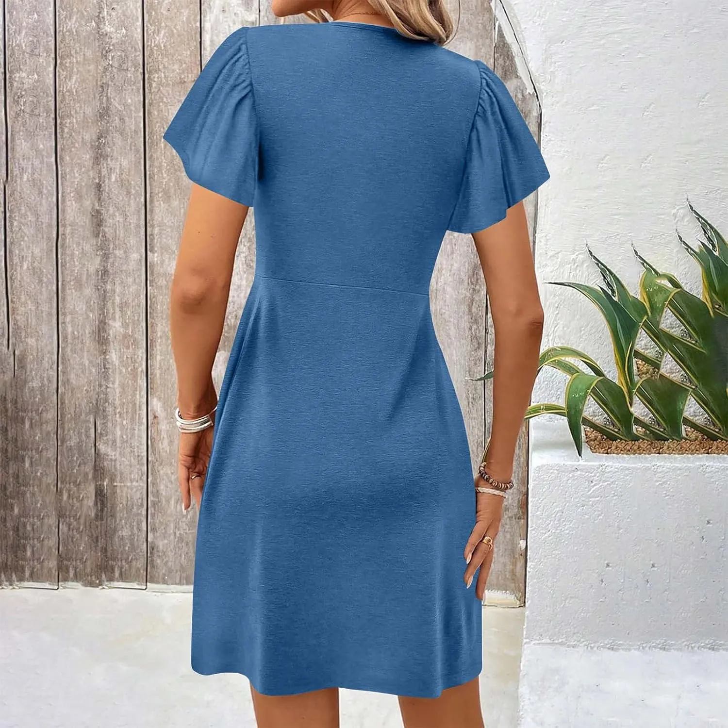 Ruziyoog Women's Twist Front V Neck Dress 2025 Fashion Short Sleeve Beach Sun Dress Summer Solid Color Casual A Line Dresses