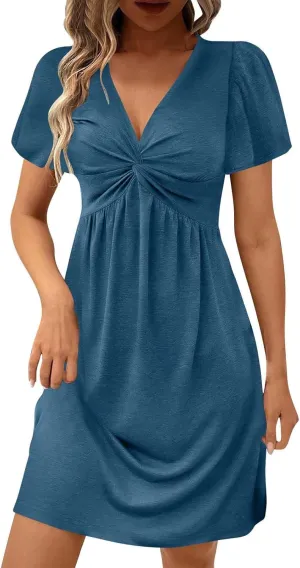 Ruziyoog Women's Twist Front V Neck Dress 2025 Fashion Short Sleeve Beach Sun Dress Summer Solid Color Casual A Line Dresses