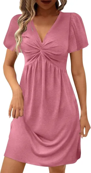 Ruziyoog Women's Twist Front V Neck Dress 2025 Fashion Short Sleeve Beach Sun Dress Summer Solid Color Casual A Line Dresses