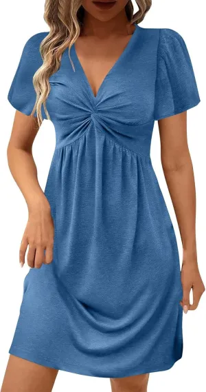 Ruziyoog Women's Twist Front V Neck Dress 2025 Fashion Short Sleeve Beach Sun Dress Summer Solid Color Casual A Line Dresses