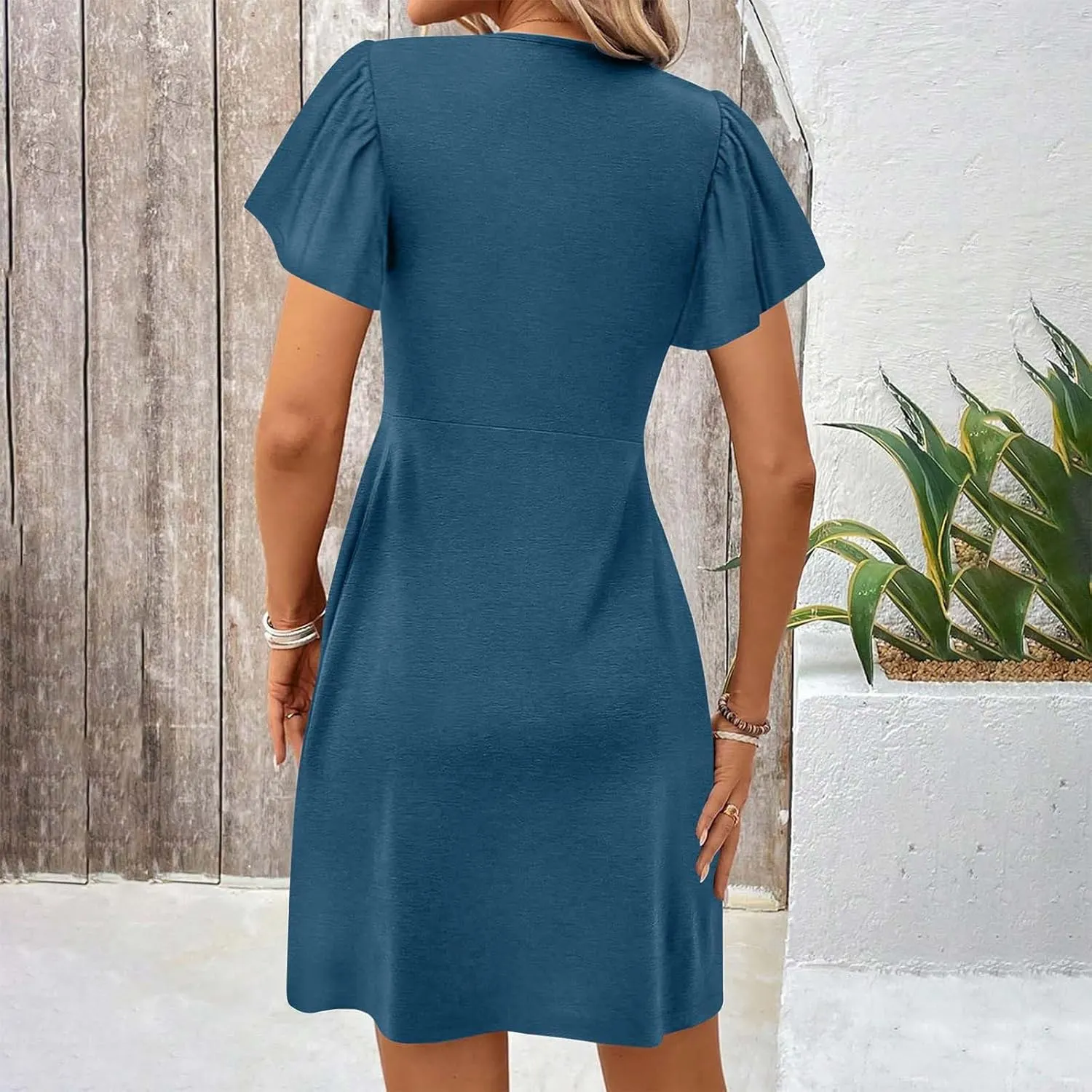 Ruziyoog Women's Twist Front V Neck Dress 2025 Fashion Short Sleeve Beach Sun Dress Summer Solid Color Casual A Line Dresses