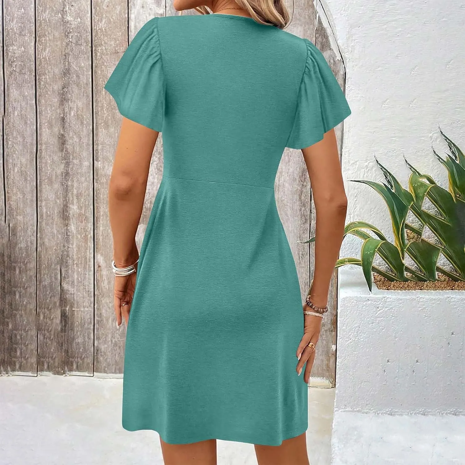 Ruziyoog Women's Twist Front V Neck Dress 2025 Fashion Short Sleeve Beach Sun Dress Summer Solid Color Casual A Line Dresses