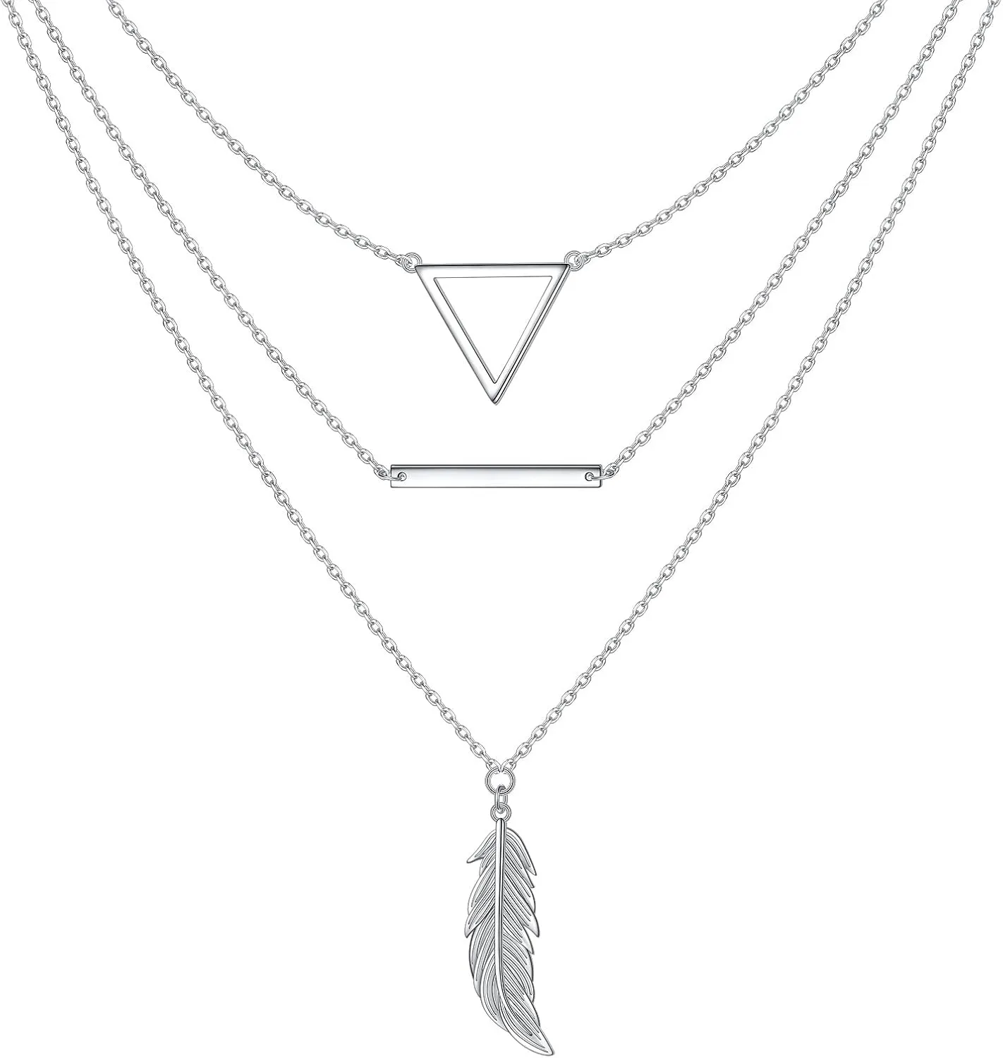 S925 Sterling Silver Feather Layered Necklaces for Women 14" 16" 18" 2"