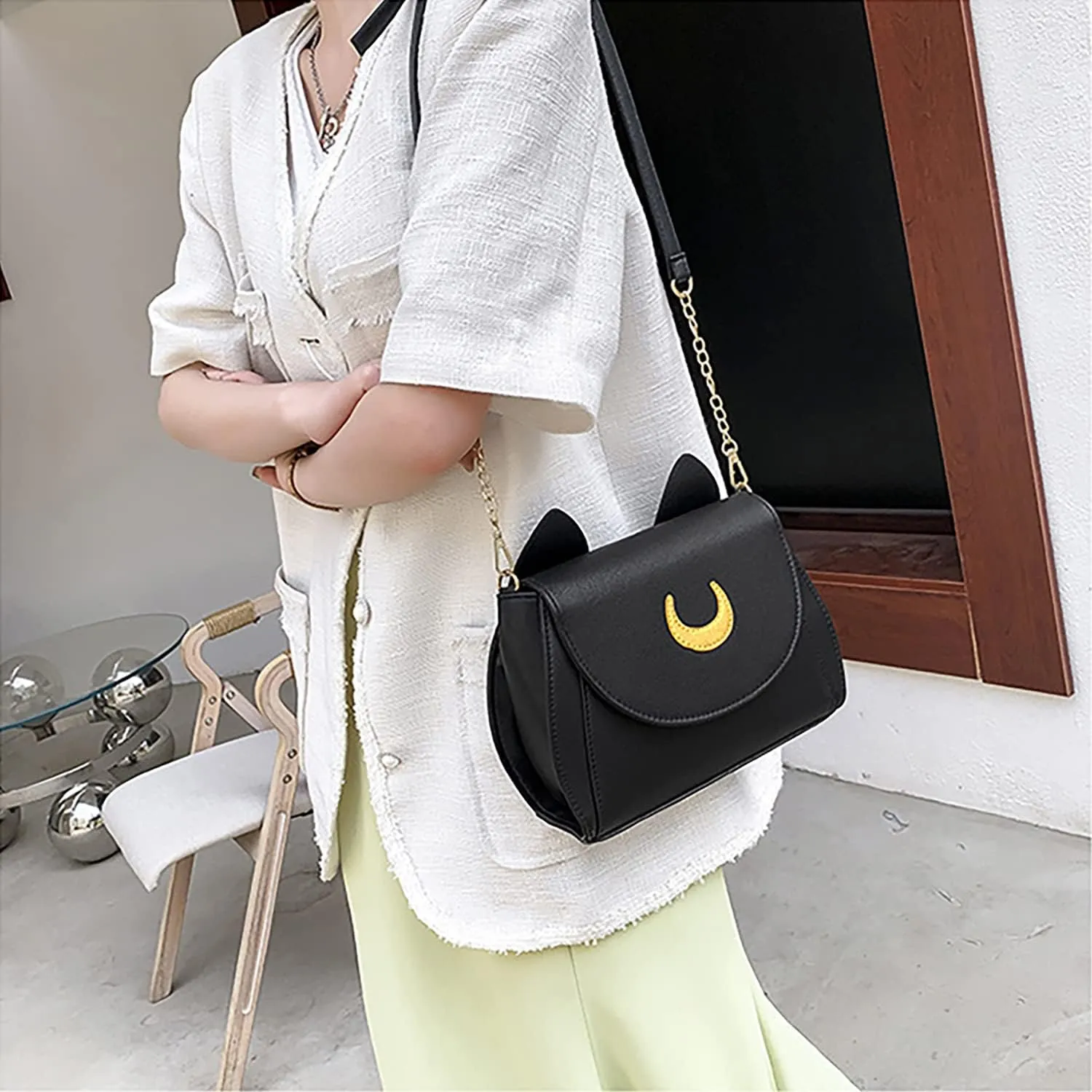 Sailor Anime Luna Crossbody Messenger Bag With Cat Ears, Womens Moon Purses Satchel, Kawaii PU Leather Cosplay Shoulder Bag
