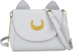 Sailor Anime Luna Crossbody Messenger Bag With Cat Ears, Womens Moon Purses Satchel, Kawaii PU Leather Cosplay Shoulder Bag