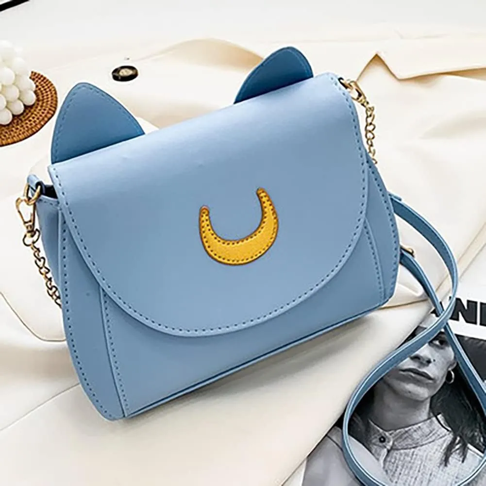 Sailor Anime Luna Crossbody Messenger Bag With Cat Ears, Womens Moon Purses Satchel, Kawaii PU Leather Cosplay Shoulder Bag