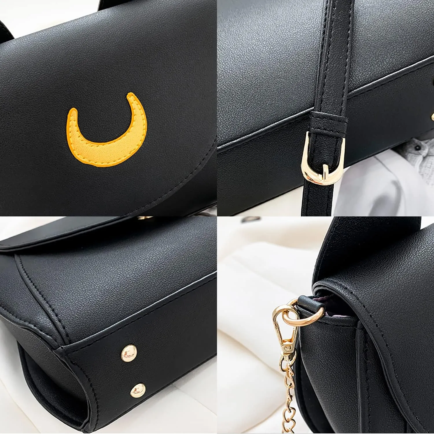 Sailor Anime Luna Crossbody Messenger Bag With Cat Ears, Womens Moon Purses Satchel, Kawaii PU Leather Cosplay Shoulder Bag