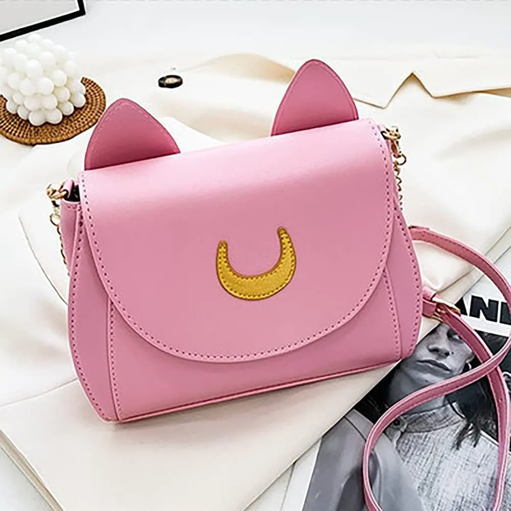 Sailor Anime Luna Crossbody Messenger Bag With Cat Ears, Womens Moon Purses Satchel, Kawaii PU Leather Cosplay Shoulder Bag