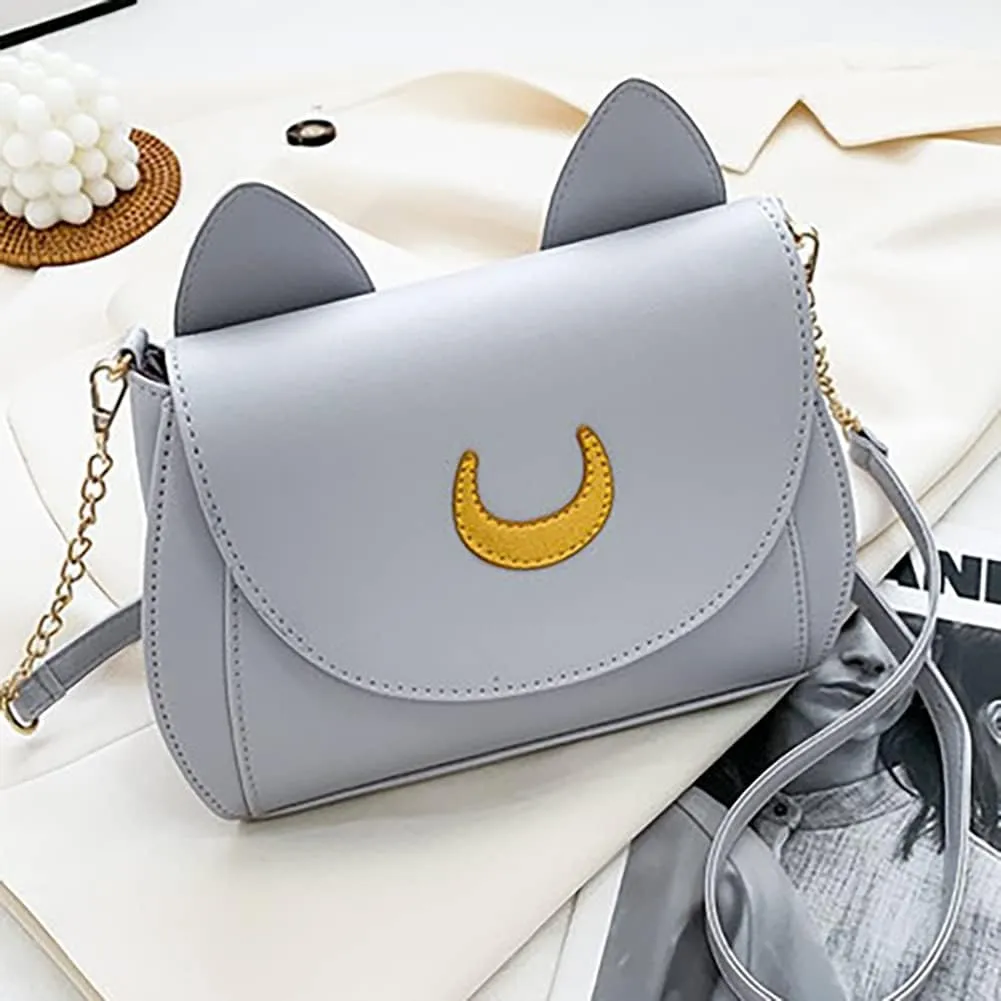 Sailor Anime Luna Crossbody Messenger Bag With Cat Ears, Womens Moon Purses Satchel, Kawaii PU Leather Cosplay Shoulder Bag
