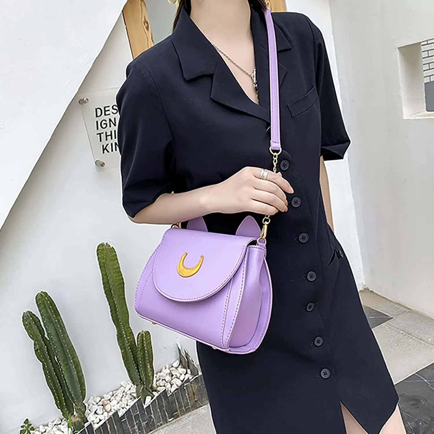 Sailor Anime Luna Crossbody Messenger Bag With Cat Ears, Womens Moon Purses Satchel, Kawaii PU Leather Cosplay Shoulder Bag