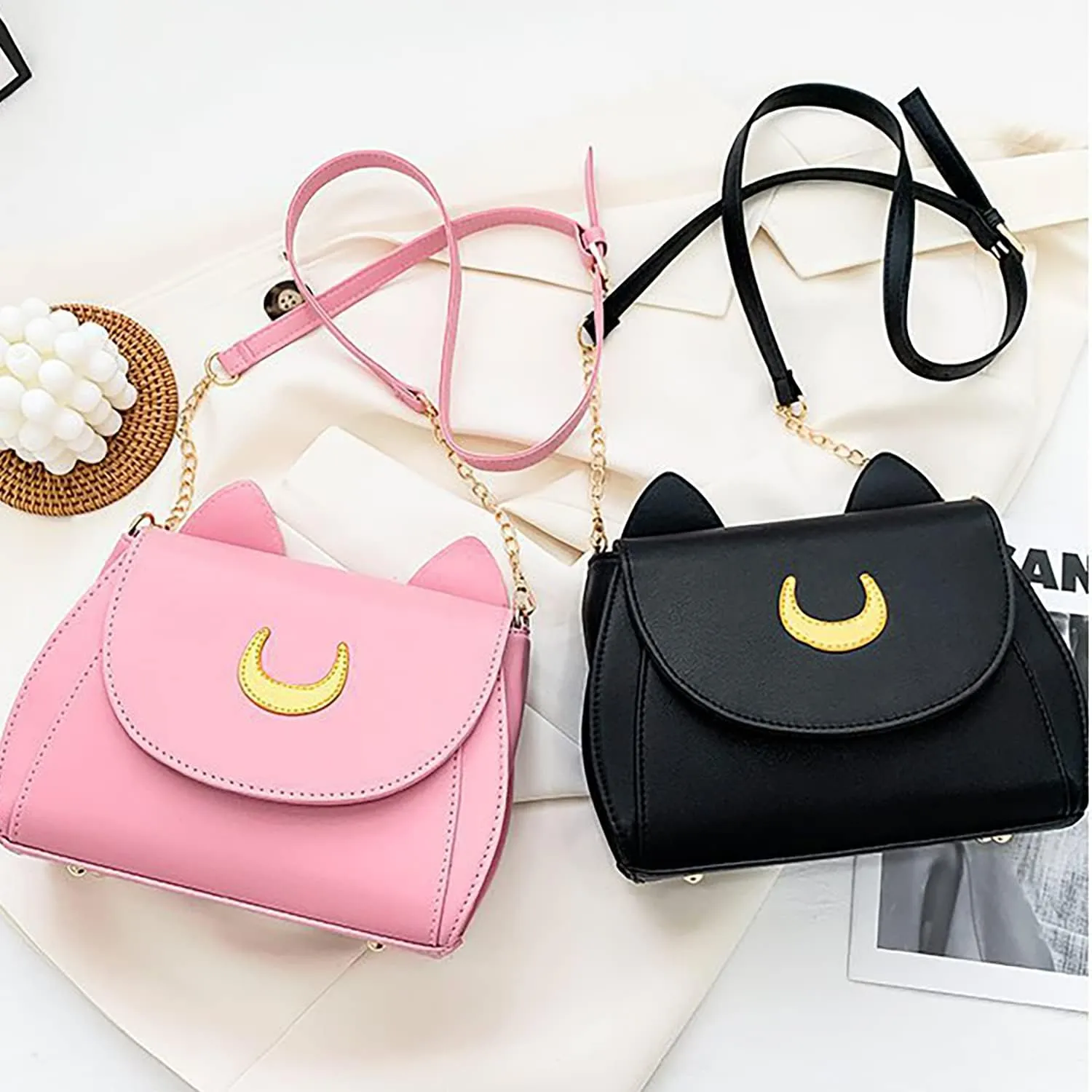 Sailor Anime Luna Crossbody Messenger Bag With Cat Ears, Womens Moon Purses Satchel, Kawaii PU Leather Cosplay Shoulder Bag