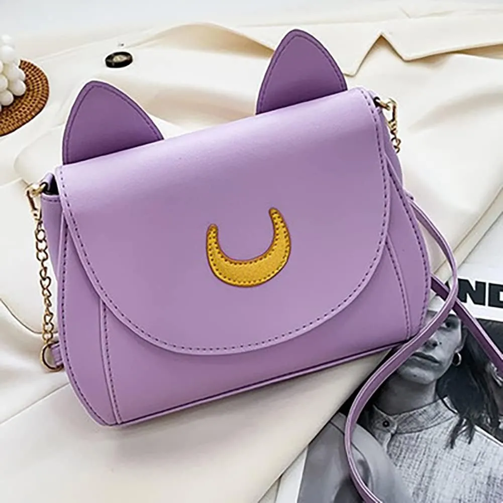 Sailor Anime Luna Crossbody Messenger Bag With Cat Ears, Womens Moon Purses Satchel, Kawaii PU Leather Cosplay Shoulder Bag