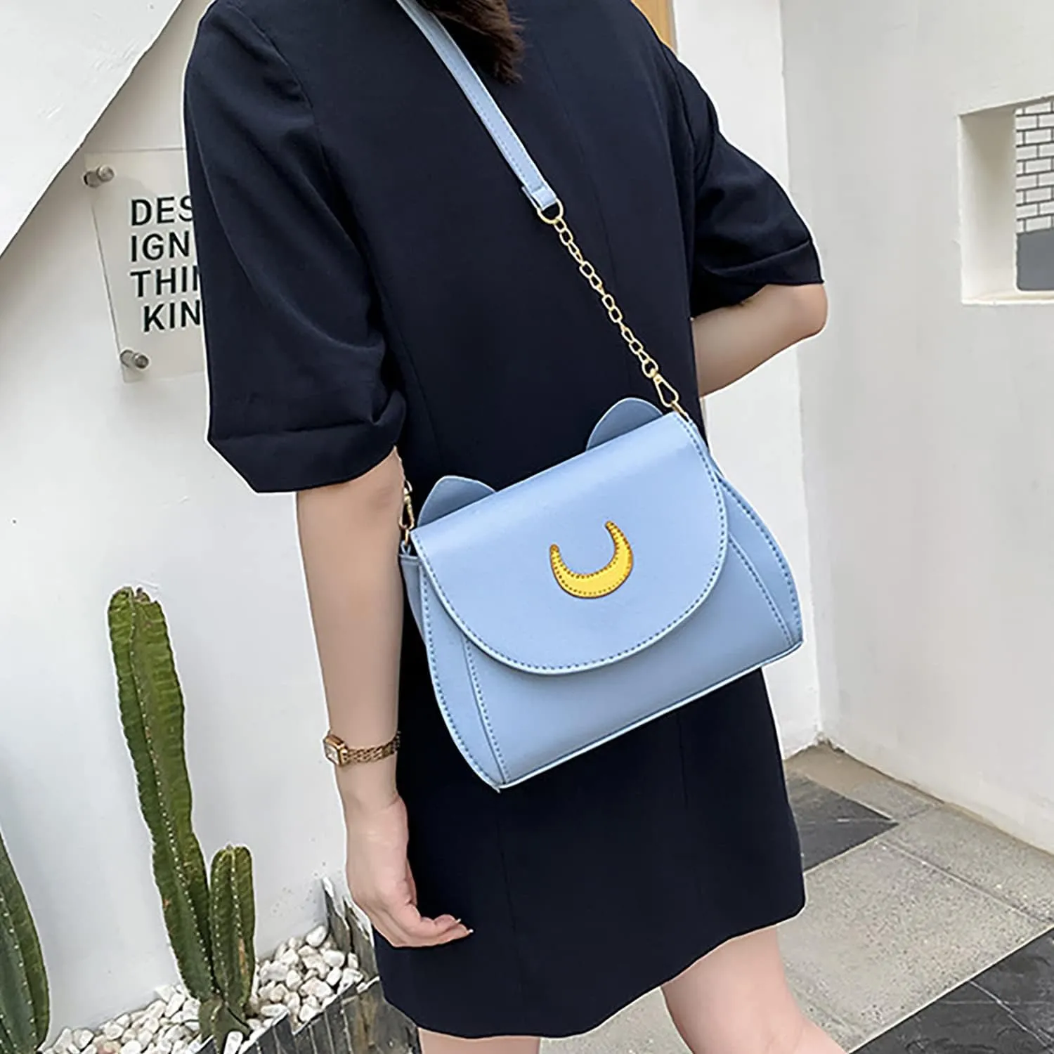 Sailor Anime Luna Crossbody Messenger Bag With Cat Ears, Womens Moon Purses Satchel, Kawaii PU Leather Cosplay Shoulder Bag