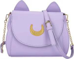Sailor Anime Luna Crossbody Messenger Bag With Cat Ears, Womens Moon Purses Satchel, Kawaii PU Leather Cosplay Shoulder Bag
