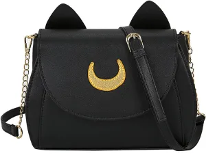 Sailor Anime Luna Crossbody Messenger Bag With Cat Ears, Womens Moon Purses Satchel, Kawaii PU Leather Cosplay Shoulder Bag