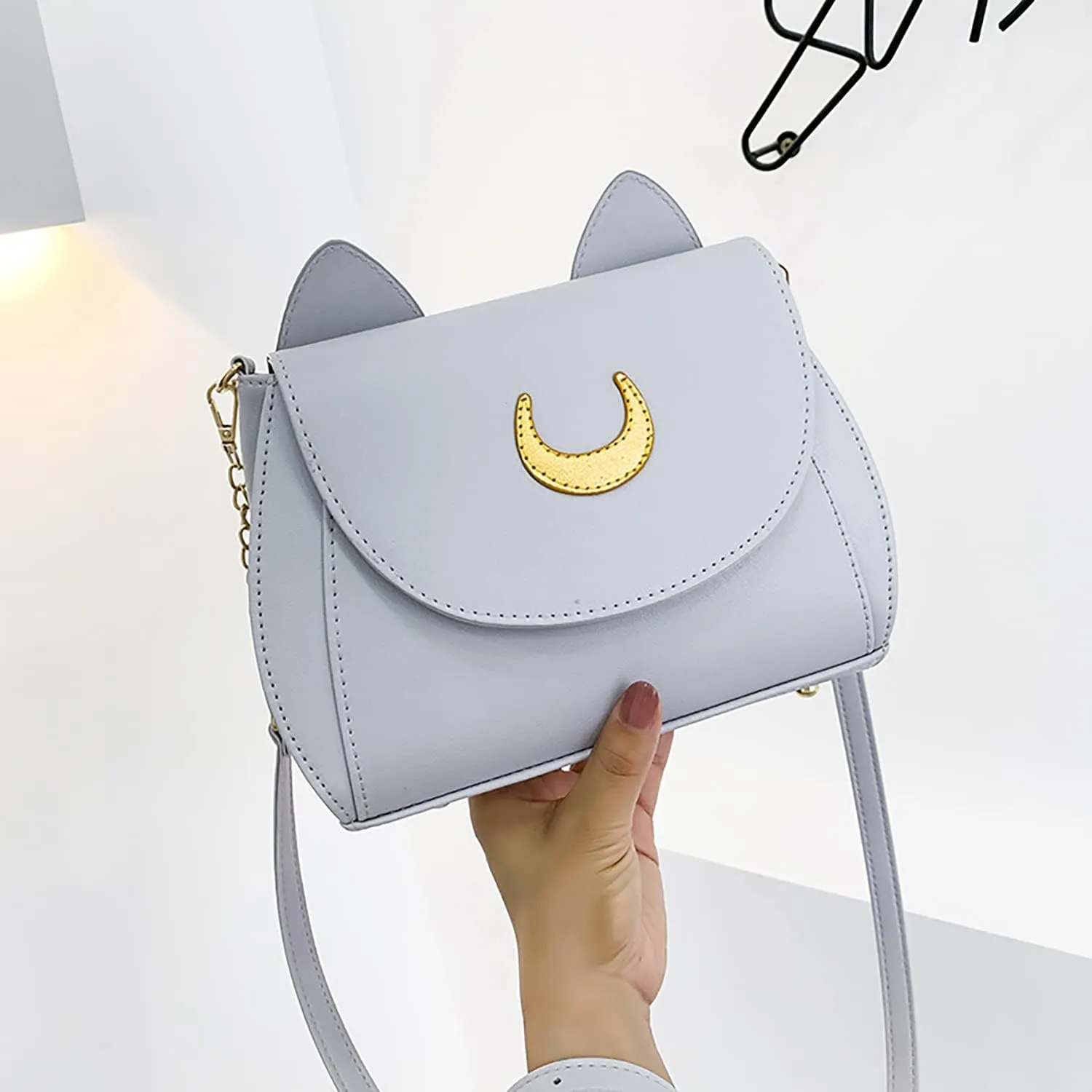Sailor Anime Luna Crossbody Messenger Bag With Cat Ears, Womens Moon Purses Satchel, Kawaii PU Leather Cosplay Shoulder Bag