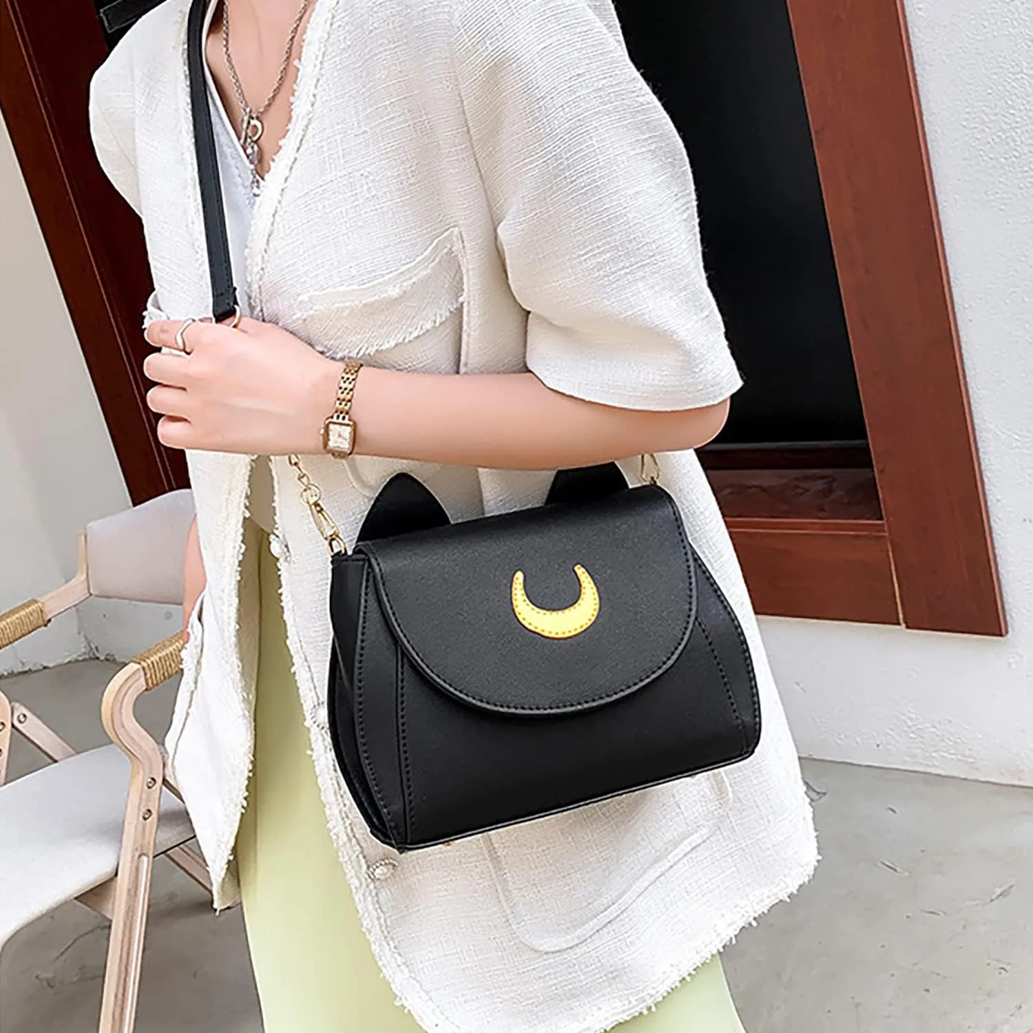 Sailor Anime Luna Crossbody Messenger Bag With Cat Ears, Womens Moon Purses Satchel, Kawaii PU Leather Cosplay Shoulder Bag