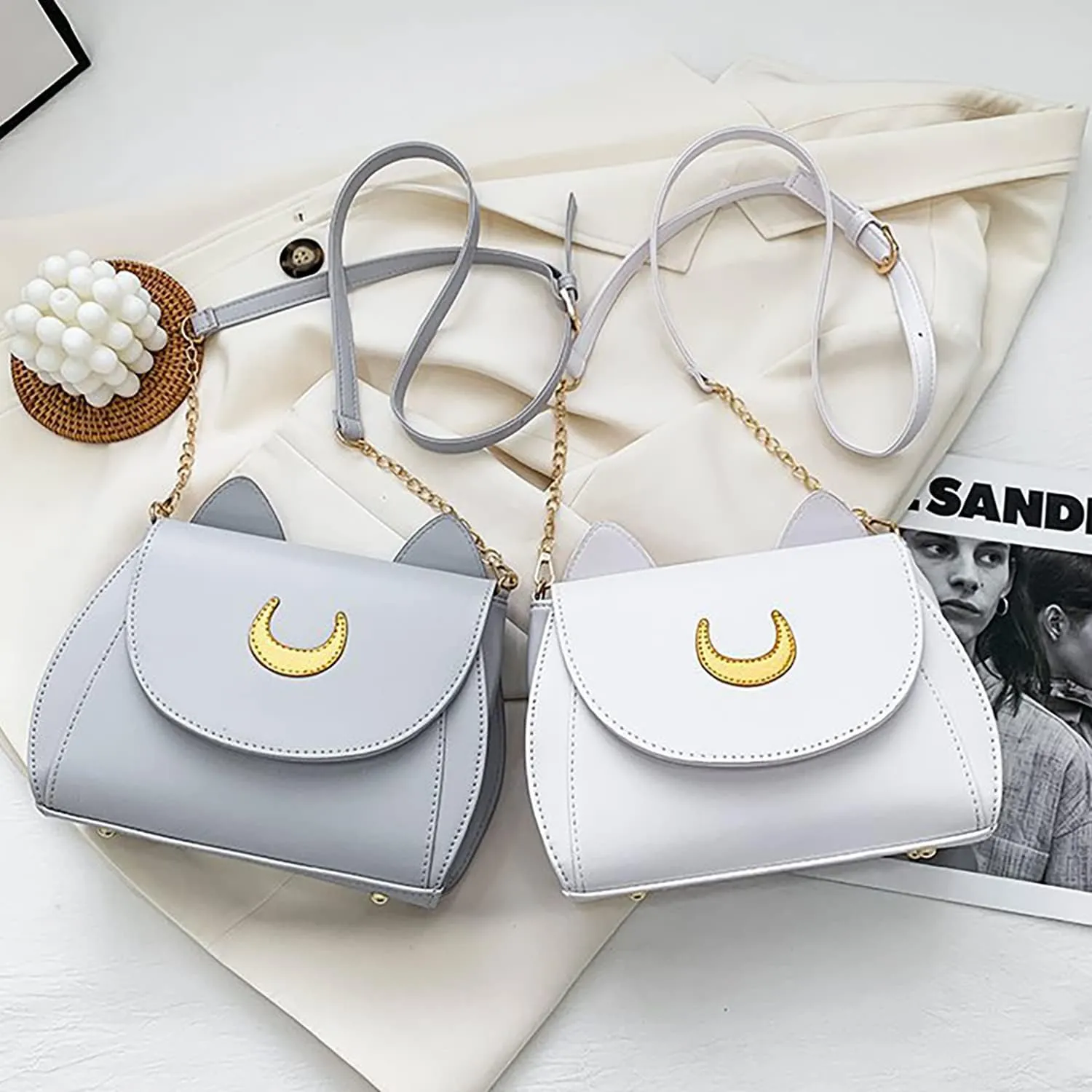 Sailor Anime Luna Crossbody Messenger Bag With Cat Ears, Womens Moon Purses Satchel, Kawaii PU Leather Cosplay Shoulder Bag