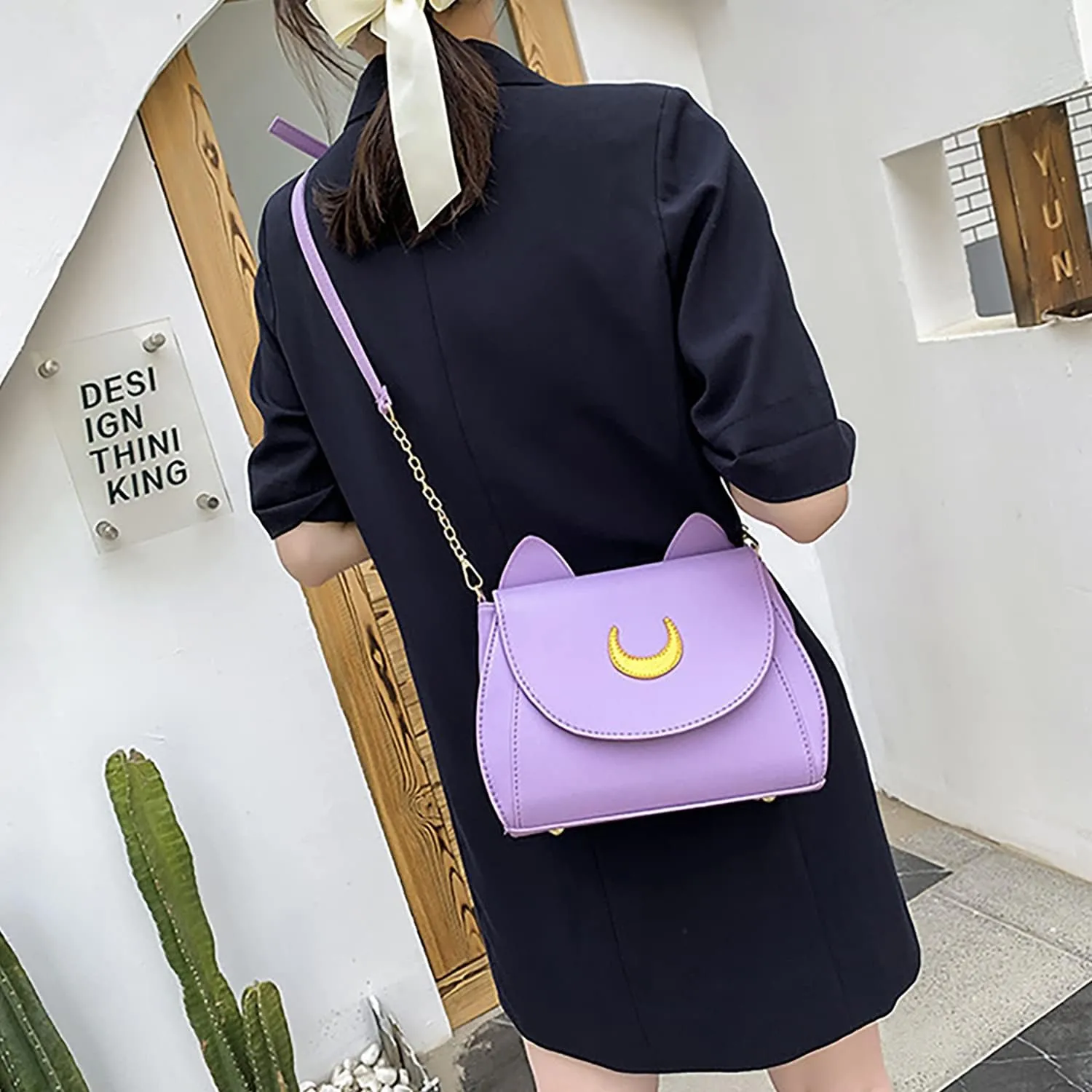Sailor Anime Luna Crossbody Messenger Bag With Cat Ears, Womens Moon Purses Satchel, Kawaii PU Leather Cosplay Shoulder Bag
