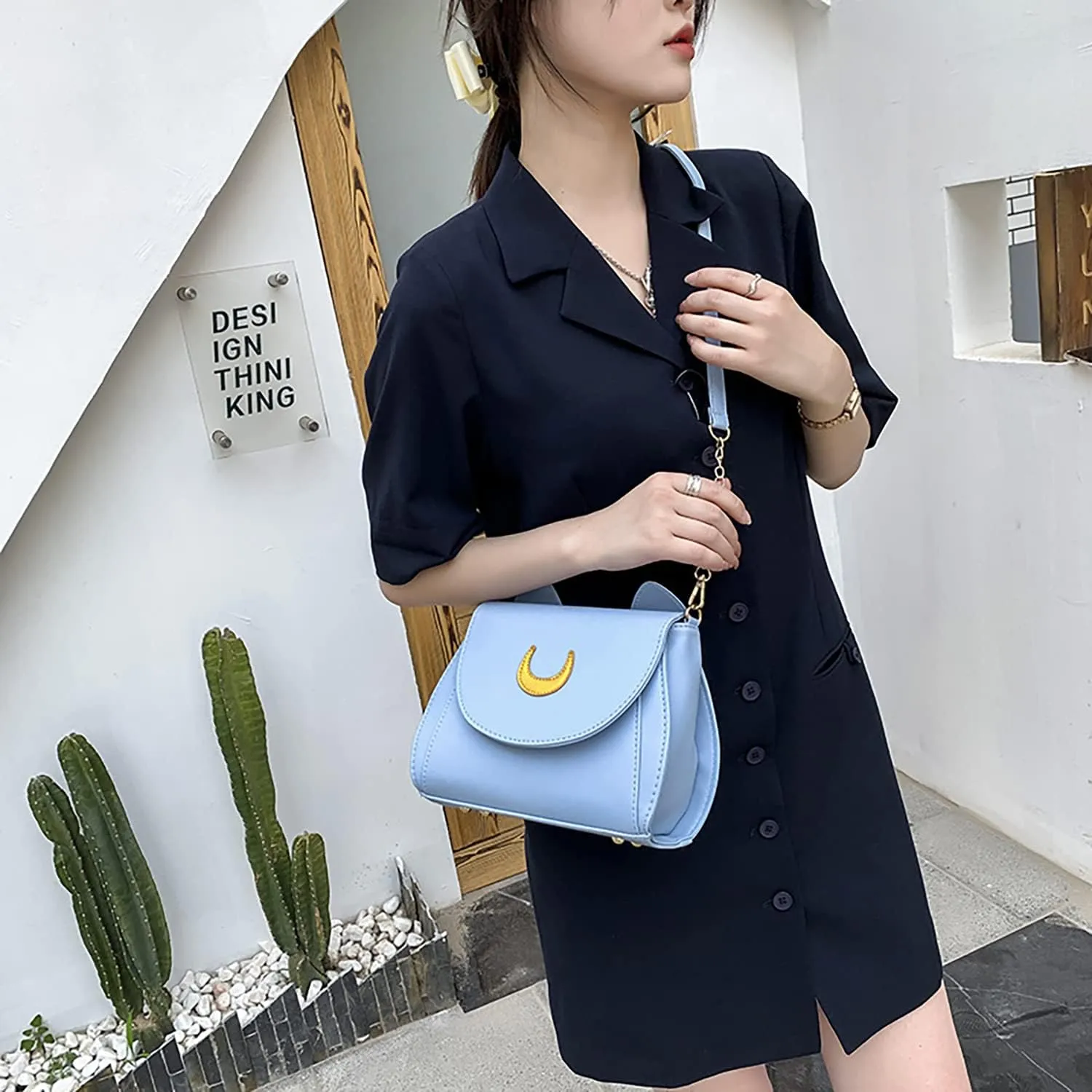 Sailor Anime Luna Crossbody Messenger Bag With Cat Ears, Womens Moon Purses Satchel, Kawaii PU Leather Cosplay Shoulder Bag