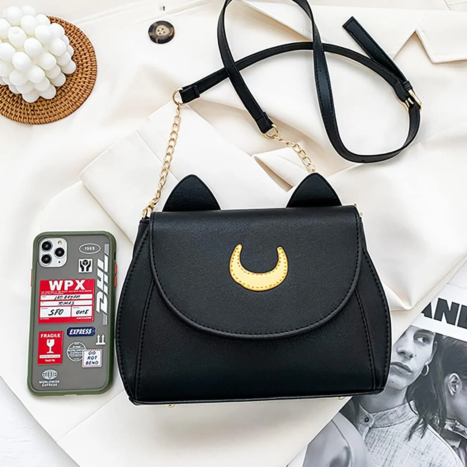 Sailor Anime Luna Crossbody Messenger Bag With Cat Ears, Womens Moon Purses Satchel, Kawaii PU Leather Cosplay Shoulder Bag