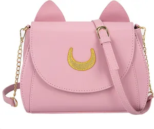 Sailor Anime Luna Crossbody Messenger Bag With Cat Ears, Womens Moon Purses Satchel, Kawaii PU Leather Cosplay Shoulder Bag