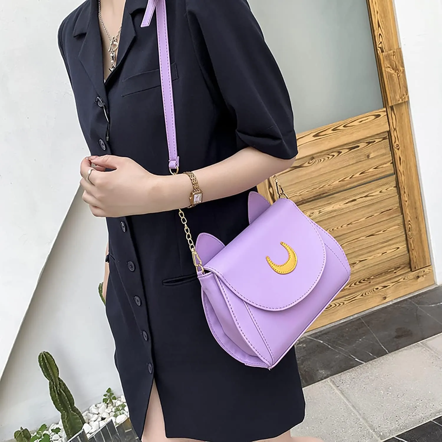 Sailor Anime Luna Crossbody Messenger Bag With Cat Ears, Womens Moon Purses Satchel, Kawaii PU Leather Cosplay Shoulder Bag