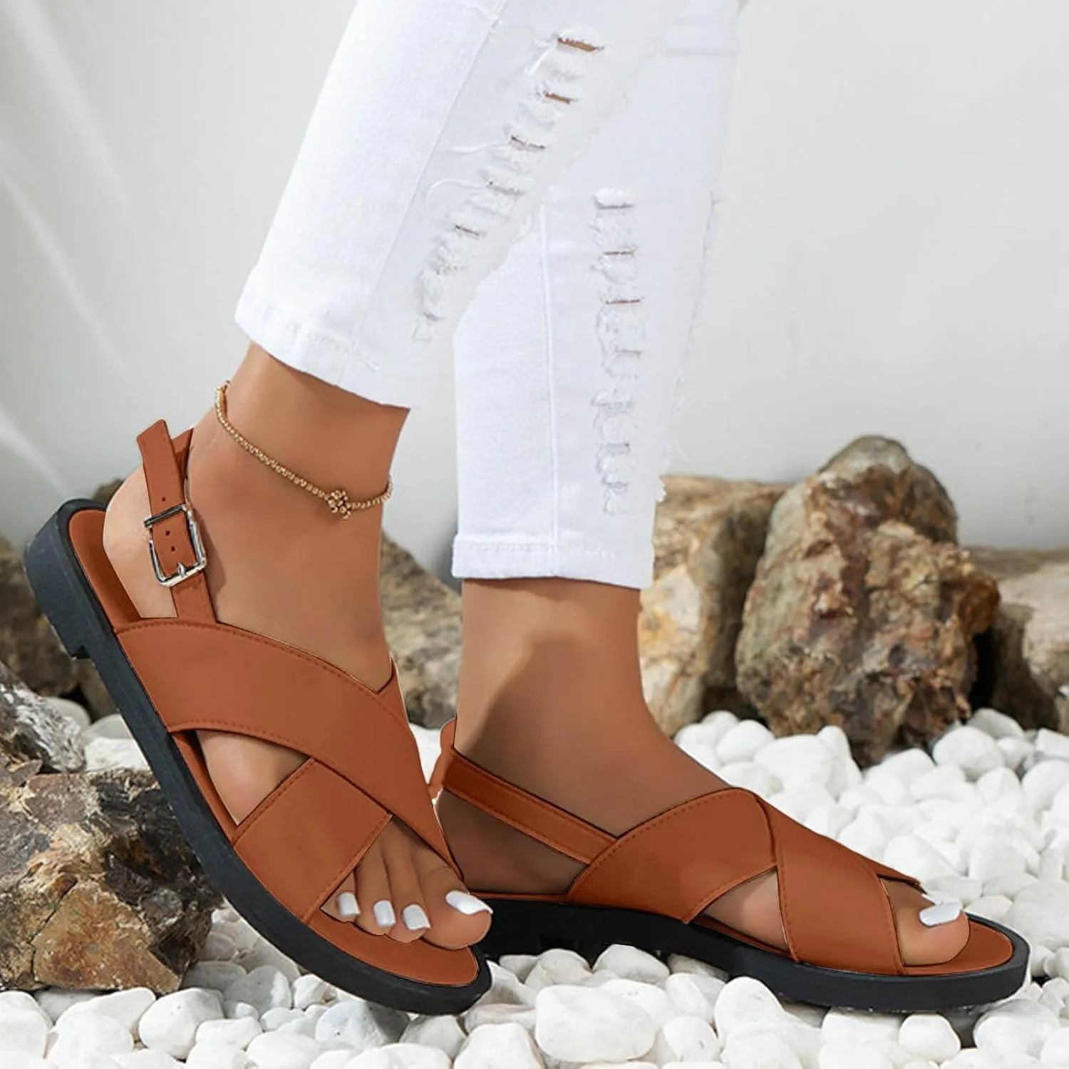 Sandals For Women 2024 Thong Sandals For Women Orthodontic Open Toe Shoes Beach Flats Ladies Buckle Strap Flip Flops Slides