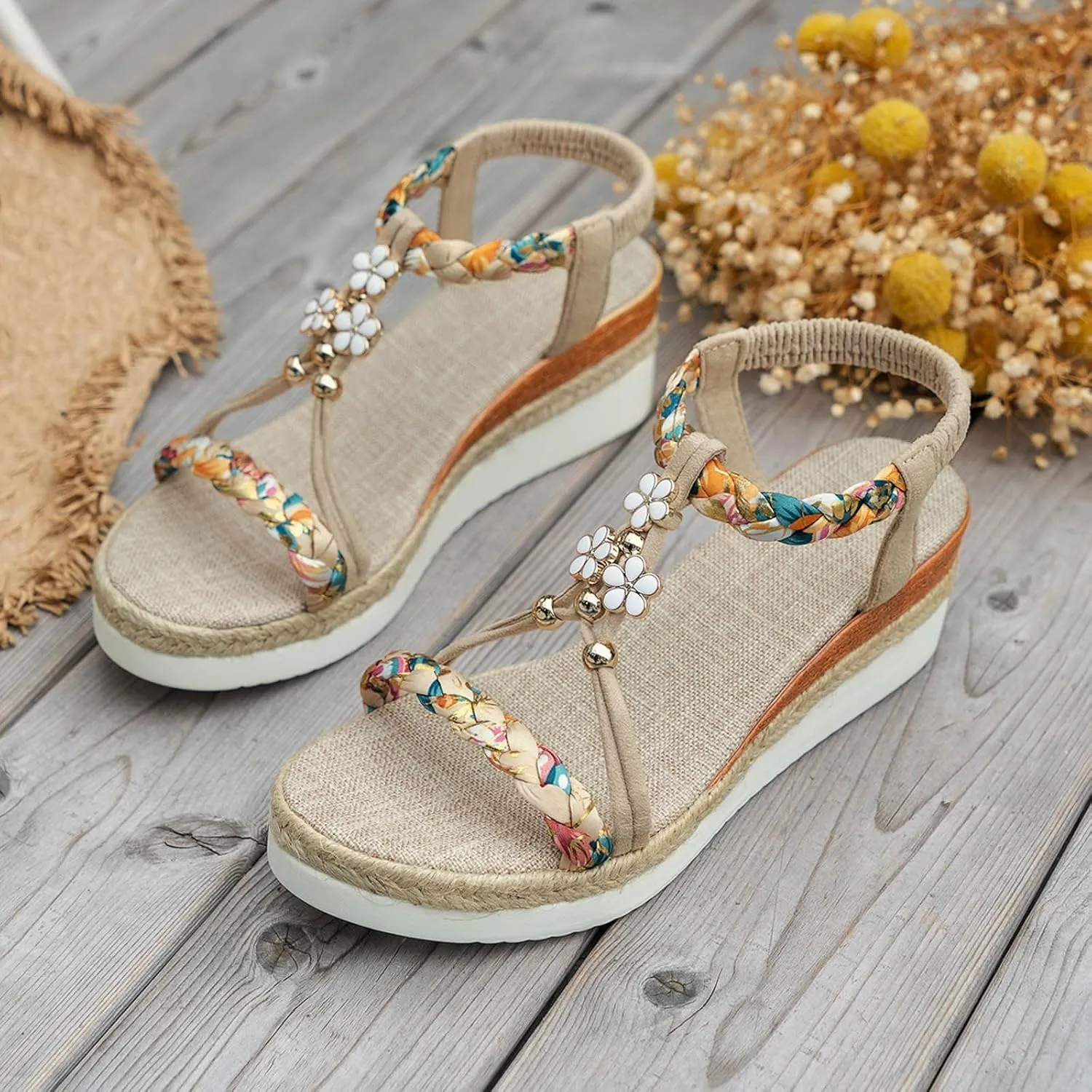 Sandals Women Open Toe Buckle Ankle Strap Wedge Casual Sandal Dressy Beach Low Heels Shoes Wide Width Platform Summer Dressy Comfort Non Slip Elastic Bohemian Woven Espadrilles Flatform