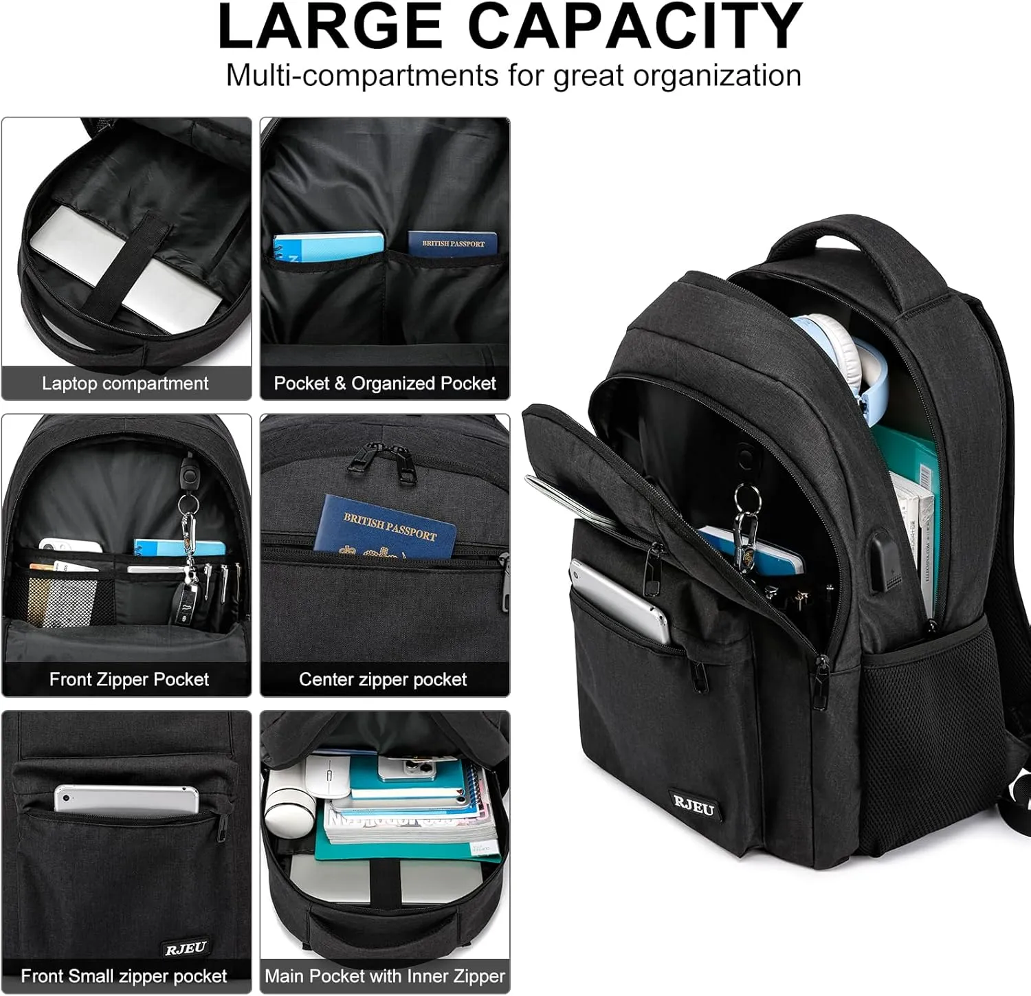 School Backpack for Teen Boys, Casual Backpack for Men and Women,15.6 inch Laptop Bookbag with USB Charging port for Business Work College, Black