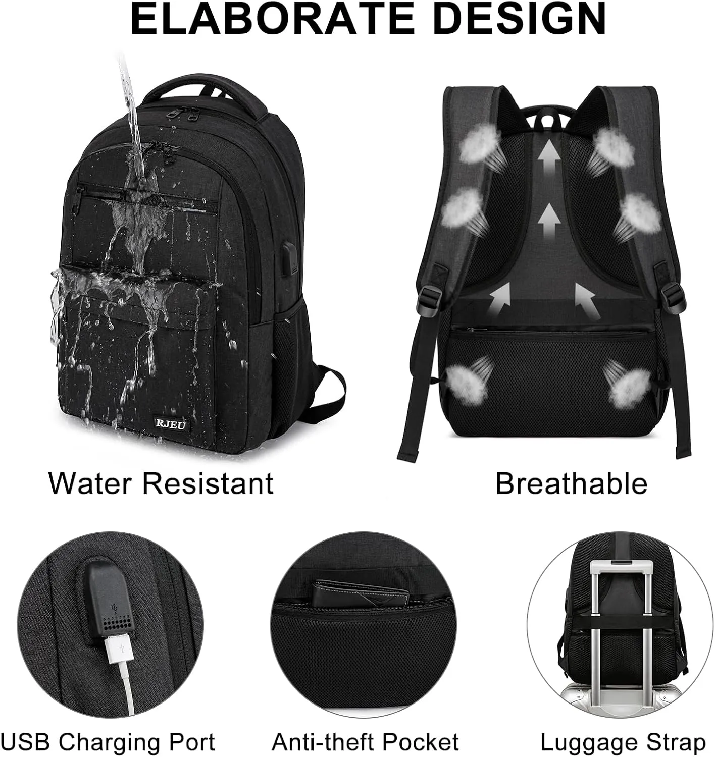 School Backpack for Teen Boys, Casual Backpack for Men and Women,15.6 inch Laptop Bookbag with USB Charging port for Business Work College, Black