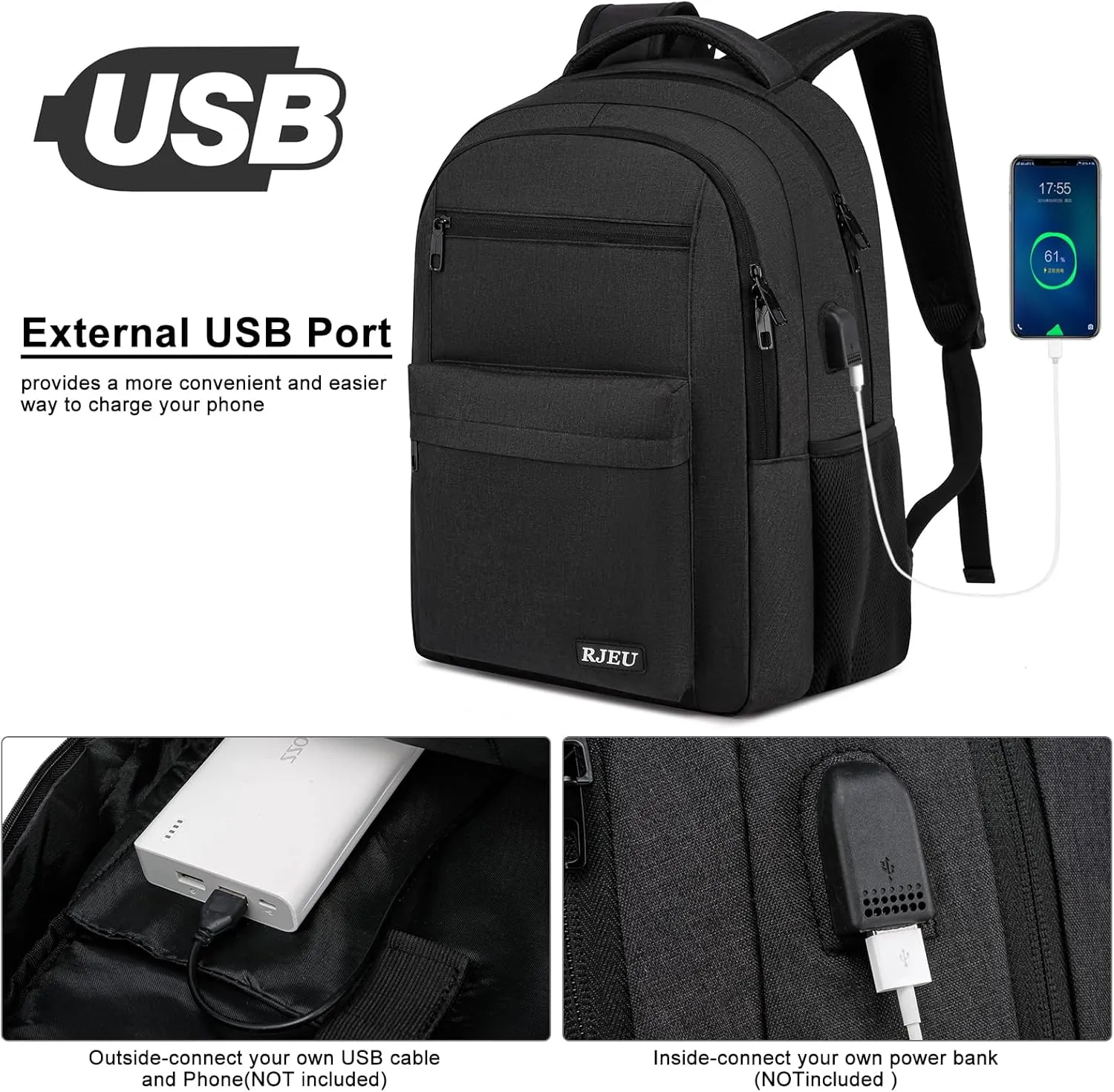 School Backpack for Teen Boys, Casual Backpack for Men and Women,15.6 inch Laptop Bookbag with USB Charging port for Business Work College, Black