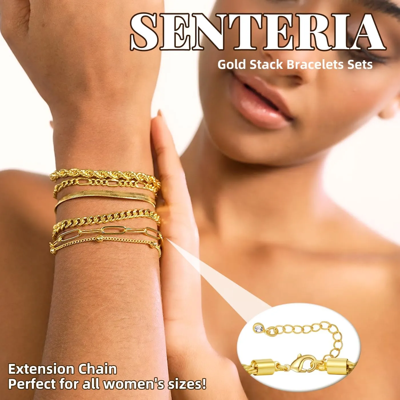 Senteria 14K Gold Plated Bracelets for Women Non Tarnish Gold Stack Bracelets Sets Adjustable Waterproof Chain Cuban Link Layered Waterproof Jewelry Sets Gifts for Womens