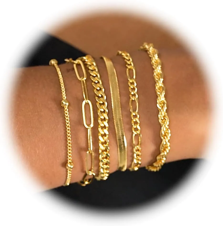 Senteria 14K Gold Plated Bracelets for Women Non Tarnish Gold Stack Bracelets Sets Adjustable Waterproof Chain Cuban Link Layered Waterproof Jewelry Sets Gifts for Womens