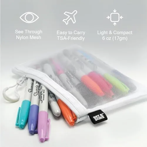 Set & Done - Zipper Mesh Bags 7"x 5" Size S Clear Pouch for Storage Small Items Makeup Accessories & Office Organizers, Travel Easy
