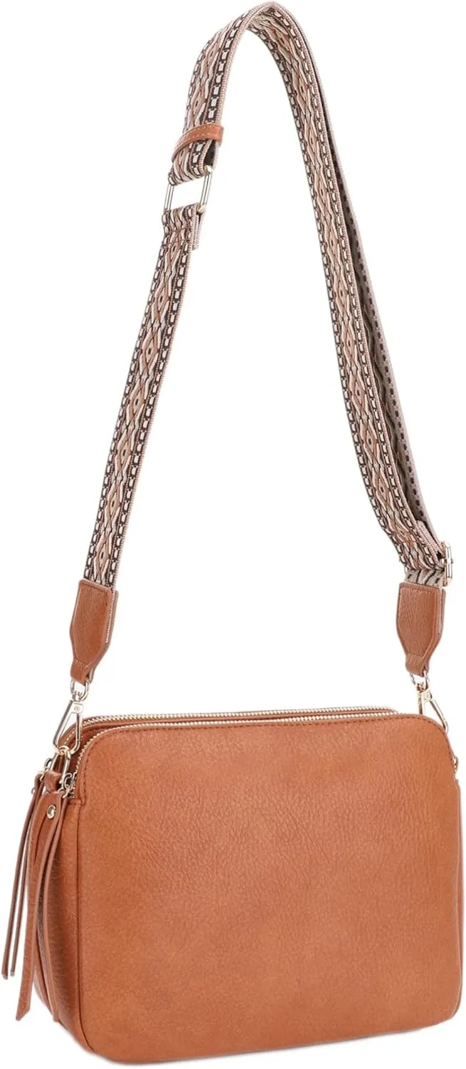 SG SUGU Triple Compartment Crossbody Bag for Women Trendy Vegan Leather Shoulder Bag with 2 inch Wide Guitar Strap