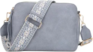 SG SUGU Triple Compartment Crossbody Bag for Women Trendy Vegan Leather Shoulder Bag with 2 inch Wide Guitar Strap