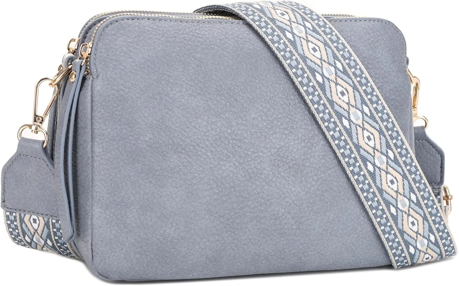 SG SUGU Triple Compartment Crossbody Bag for Women Trendy Vegan Leather Shoulder Bag with 2 inch Wide Guitar Strap