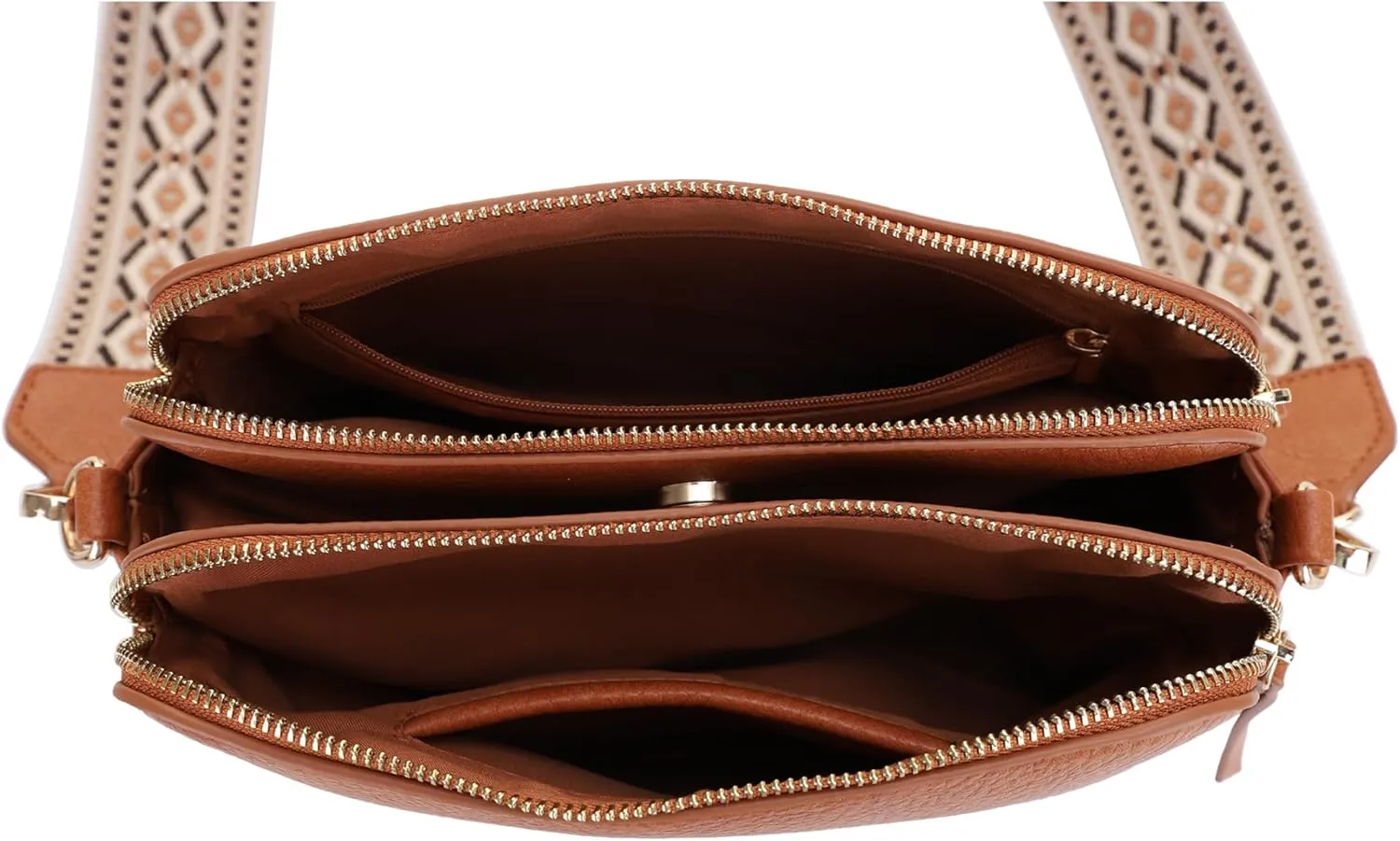 SG SUGU Triple Compartment Crossbody Bag for Women Trendy Vegan Leather Shoulder Bag with 2 inch Wide Guitar Strap