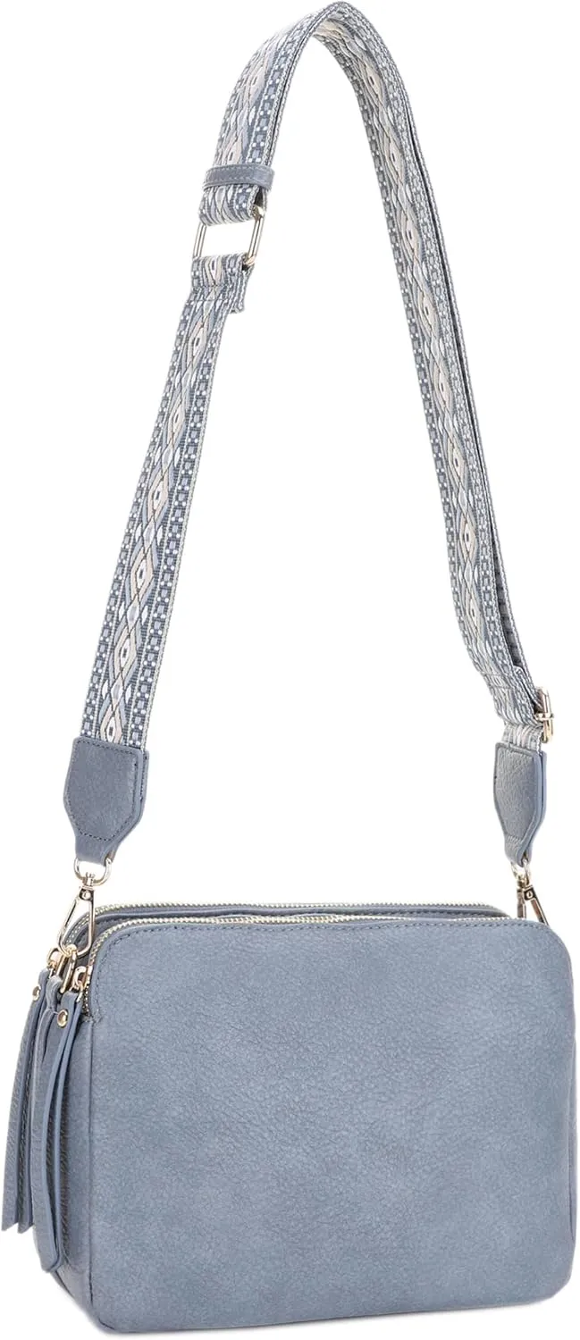 SG SUGU Triple Compartment Crossbody Bag for Women Trendy Vegan Leather Shoulder Bag with 2 inch Wide Guitar Strap