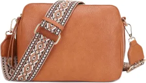 SG SUGU Triple Compartment Crossbody Bag for Women Trendy Vegan Leather Shoulder Bag with 2 inch Wide Guitar Strap