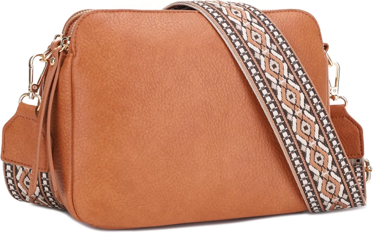 SG SUGU Triple Compartment Crossbody Bag for Women Trendy Vegan Leather Shoulder Bag with 2 inch Wide Guitar Strap